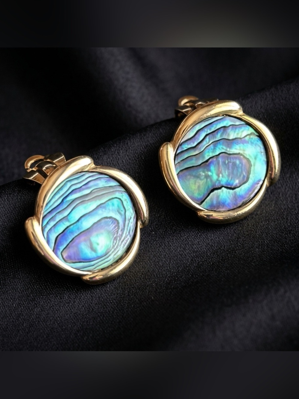 Vintage Paua Abalone Shell Gold Swirl Clip On Earrings - Ariki Style